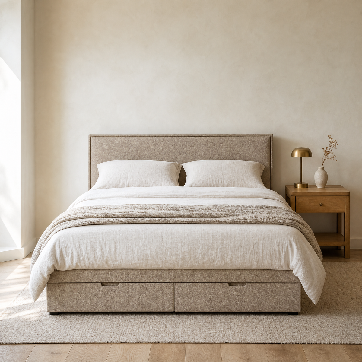 Ada divan bed in oat woven fabric with a low panelled headboard and two drawers