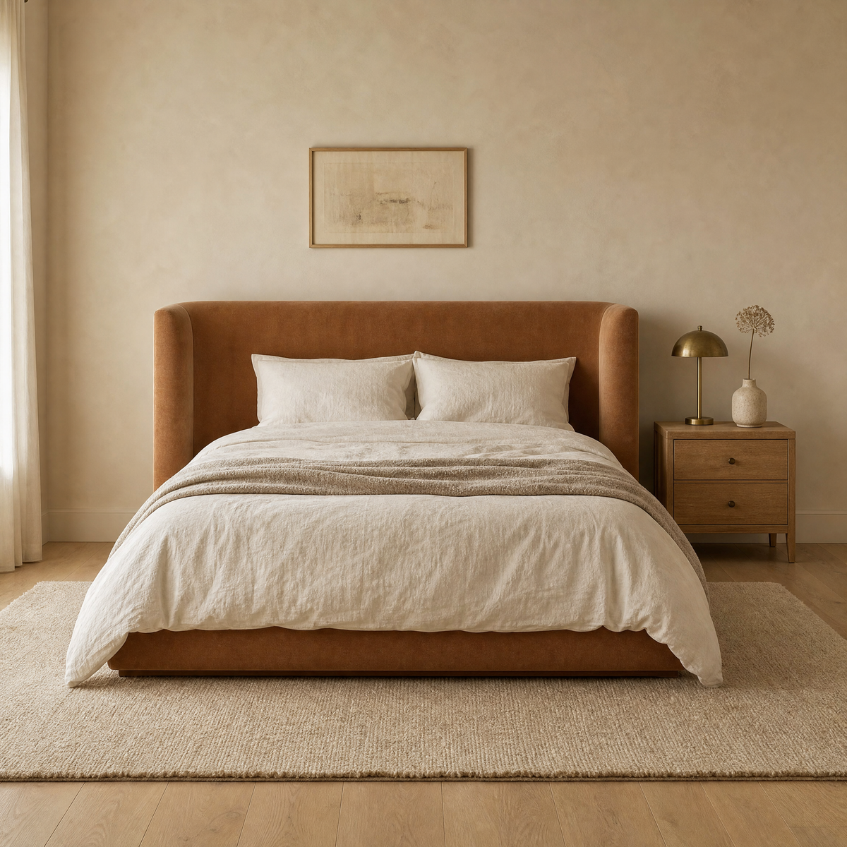 Arabella shelter bed in cognac velvet with curved rolled shoulders