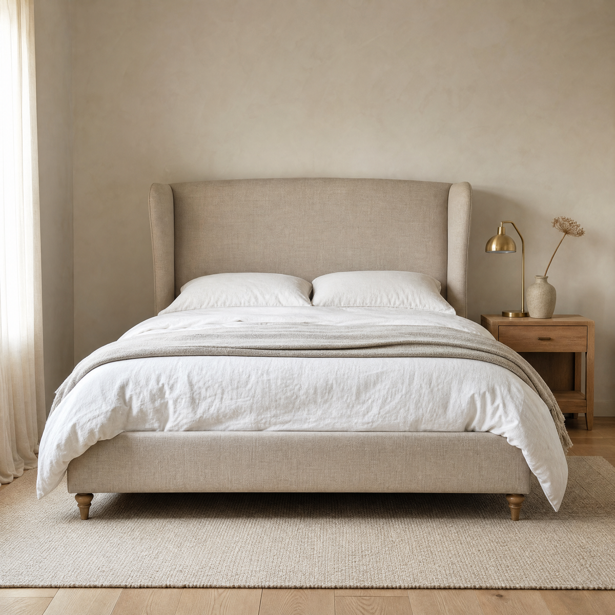 Beatrice wingback bed in oat washed linen with turned wooden feet