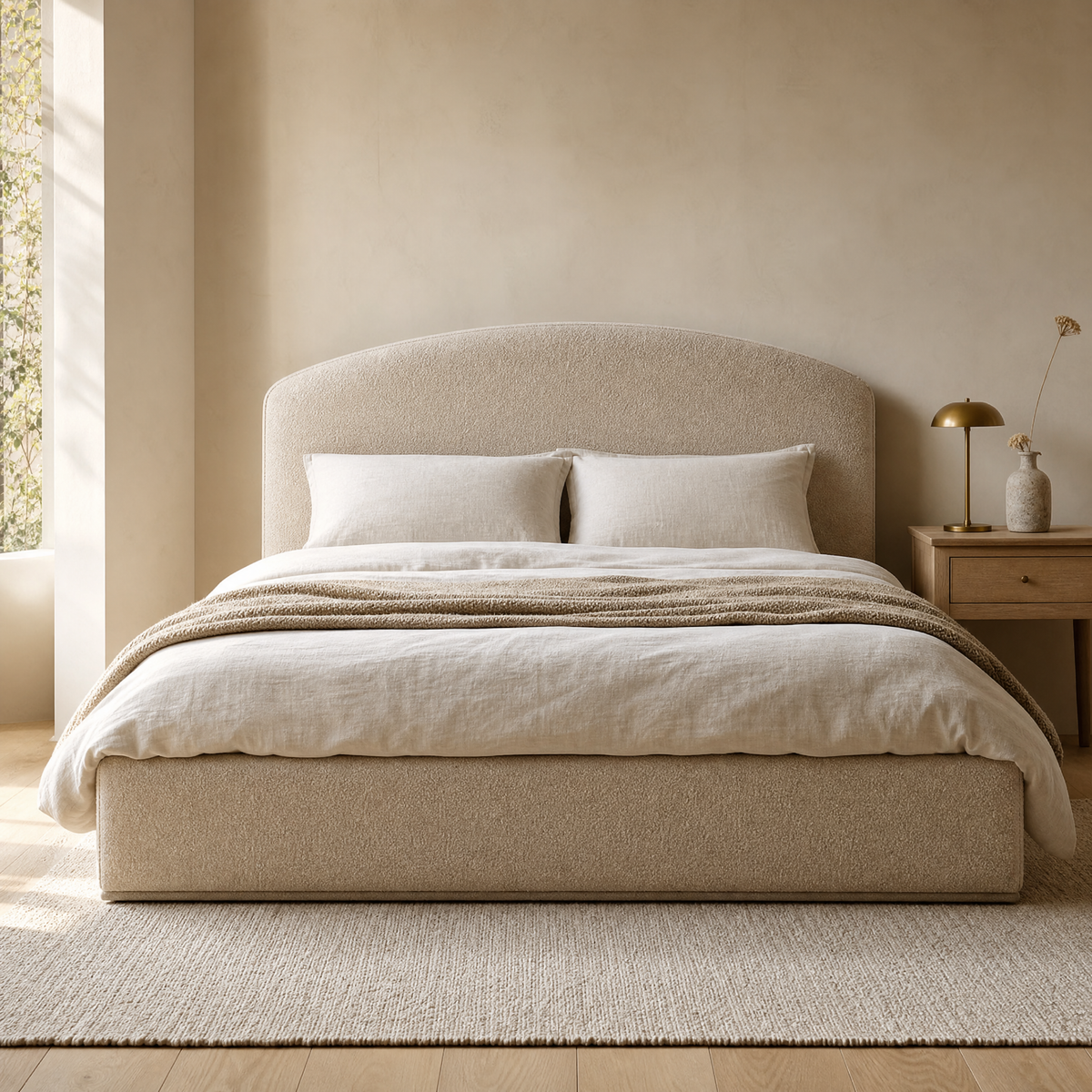 Florence ottoman bed in oat boucle with a soft arched headboard