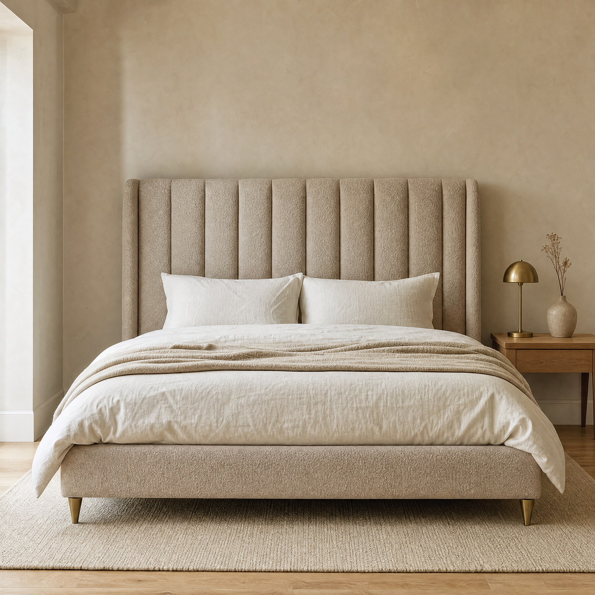 Genevieve ottoman bed in oat boucle with a tall vertically fluted headboard