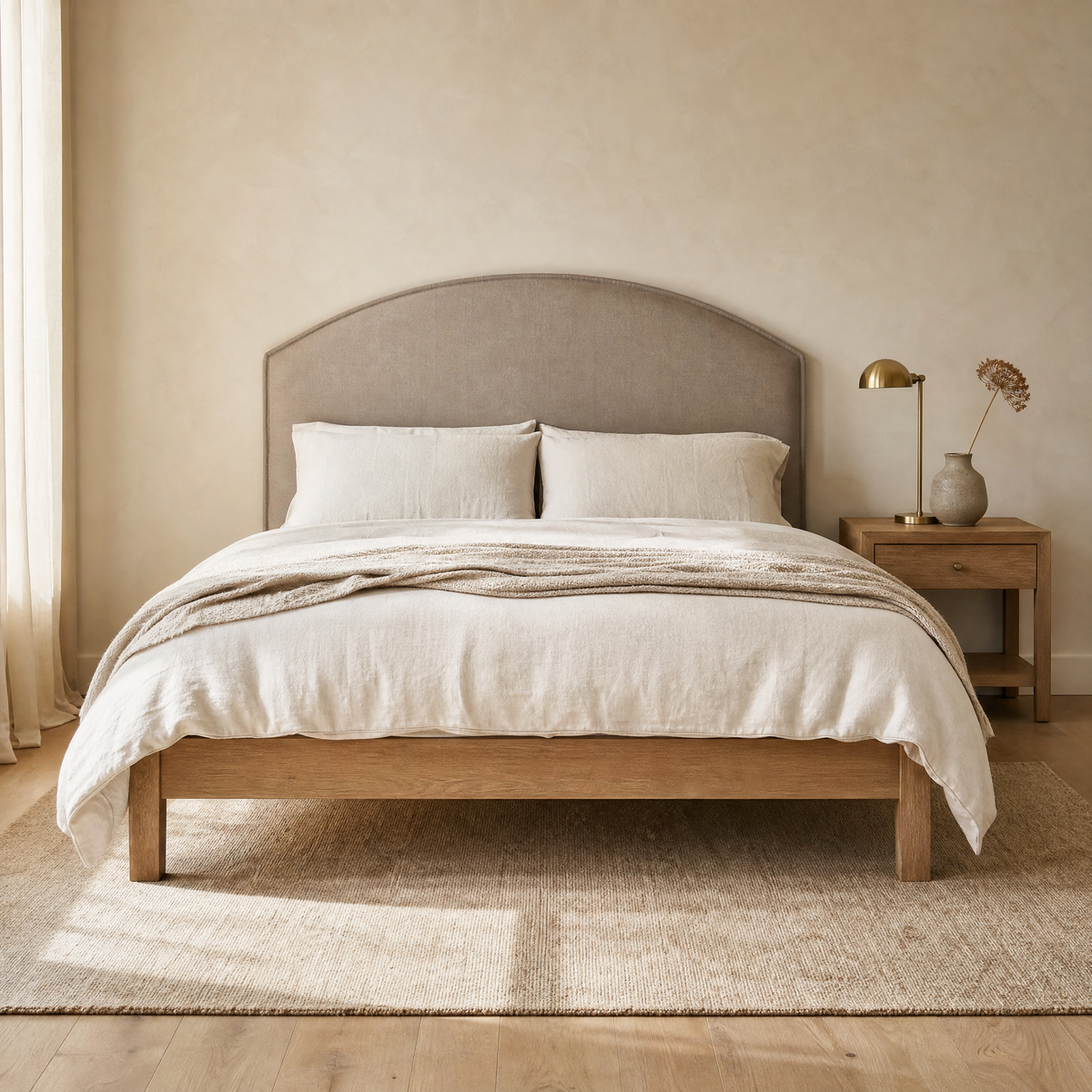 Marlowe bed with a solid oak frame and an arched mushroom linen headboard