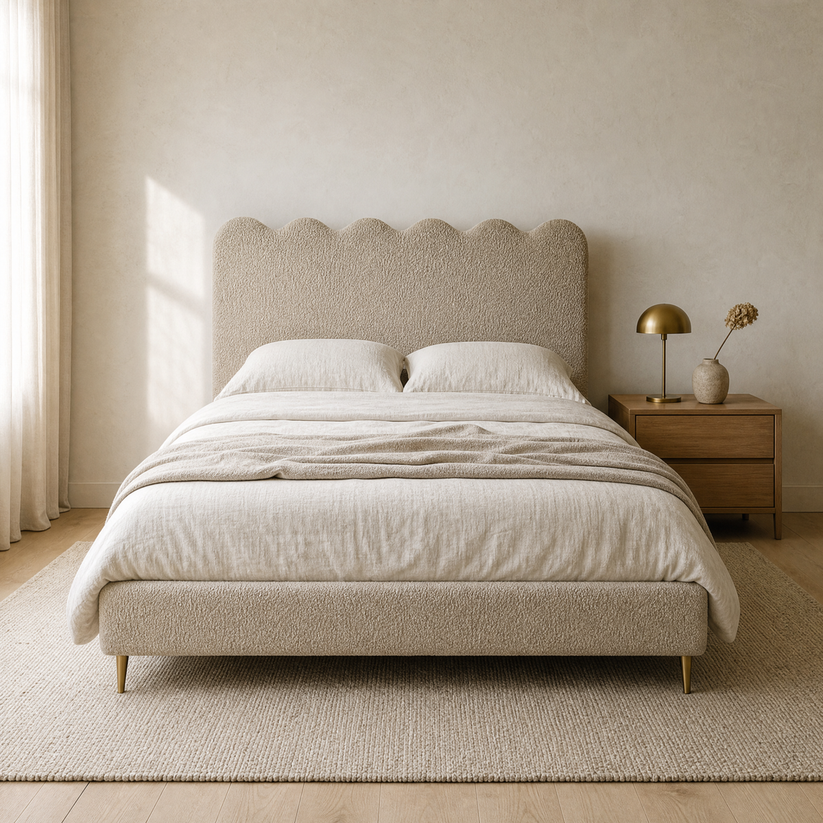 Olivia ottoman bed in oat boucle with a tall scalloped headboard and brass feet