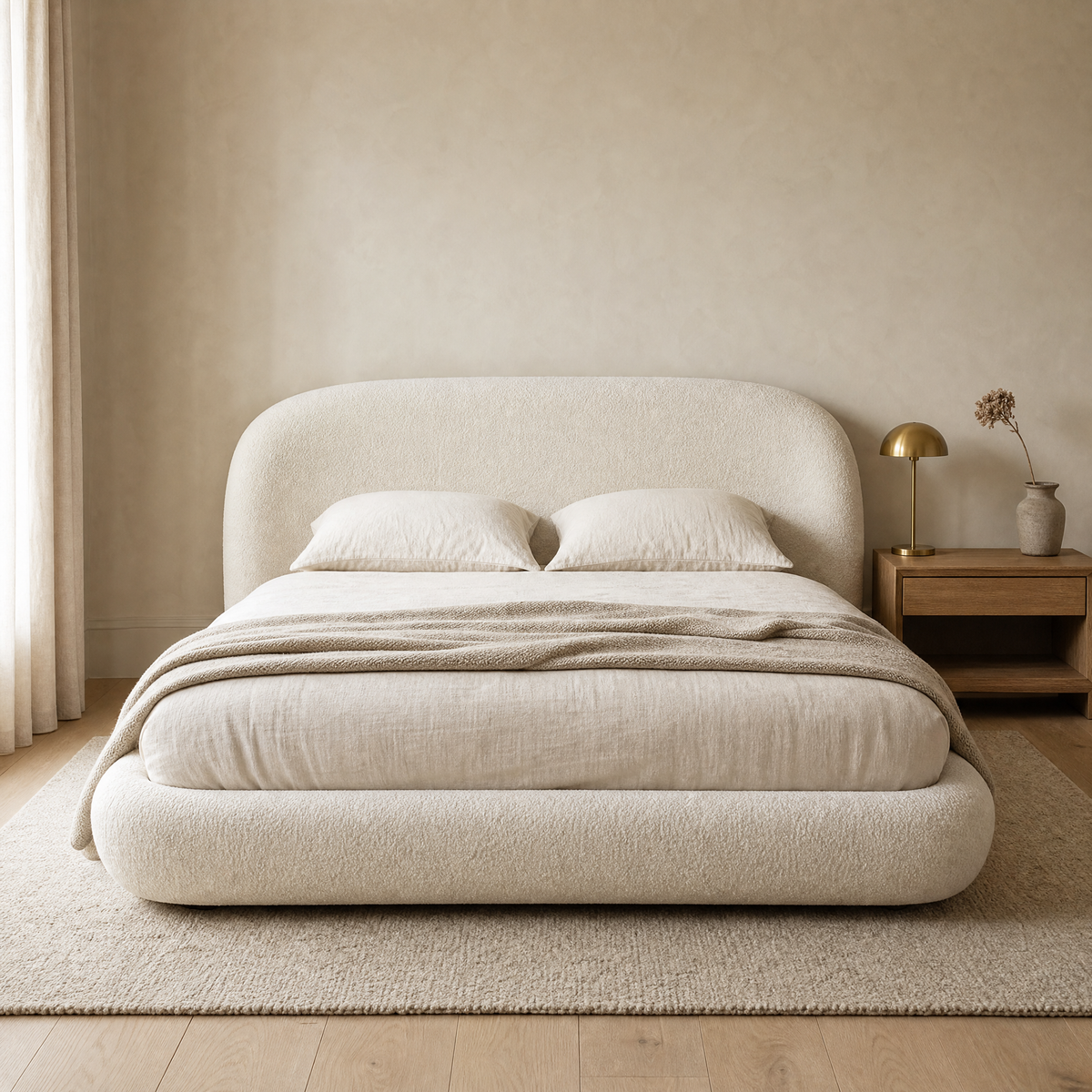 Seraphina curved bed in ivory boucle, a single continuous form from headboard to base
