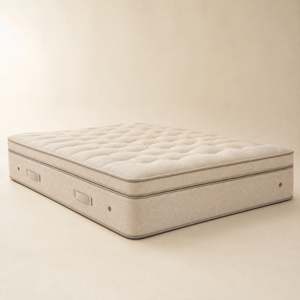 The Master pillow-top mattress in natural oat cotton ticking with a contrast tape edge